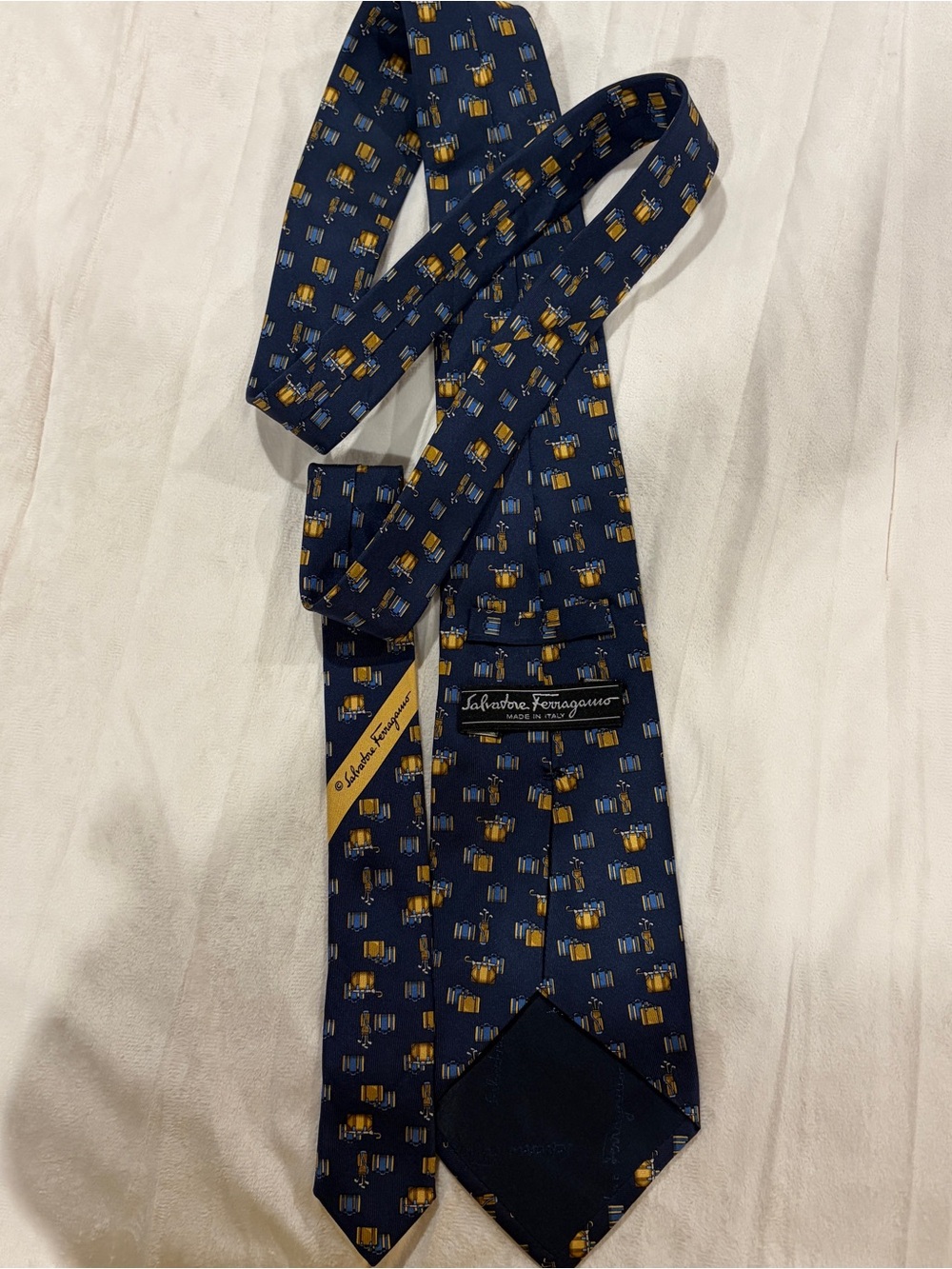 Salvatore Ferragamo Navy Blue Silk Tie with Yellow Accent Pattern